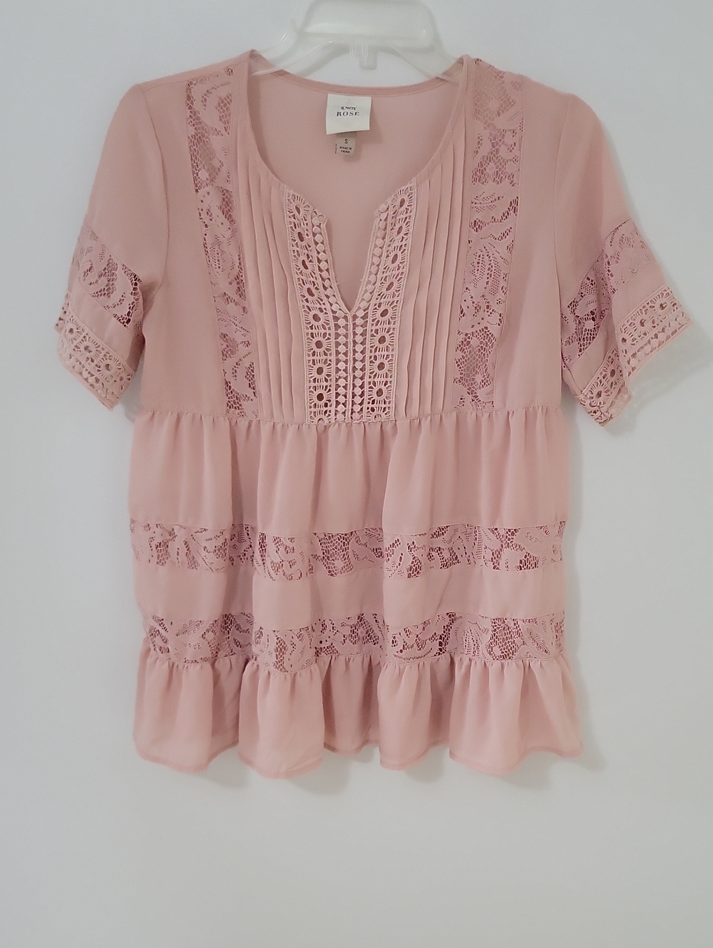 Knox Rose Pink Lace Trim Peplum Blouse, Size Small